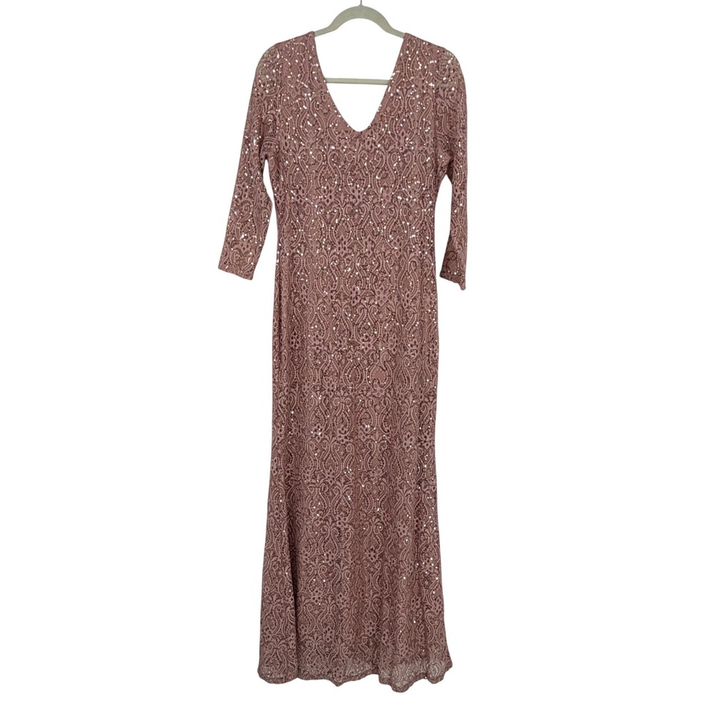 Marina Womens Pink Sequin Lace V-Neck Long Sleeve Maxi Gown Dress Size 14
